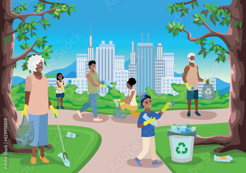 Men and women, elderly people and children of different nationalities clean up plastic garbage in a city park. Take care of the environment. Sorting, recycling and disposal of waste. Vector