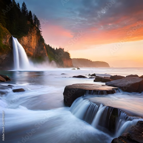 waterfall at sunset