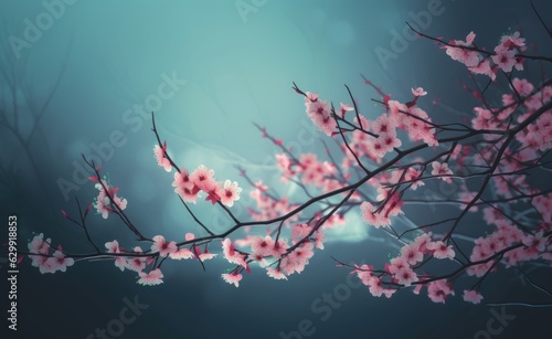 Pink cherry blossoms branch on a blurred blue background - Blossoming Japanese sakura tree with dew drops and butterflies 