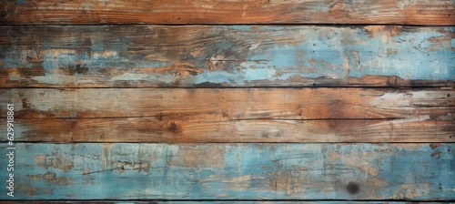 Old wooden board with peeling blue paint colors texture. Generative AI technology.