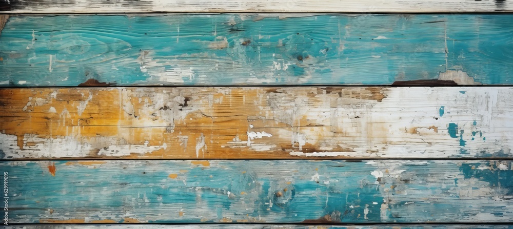 Old wooden plank board with peeling blue and yellow paint colors texture. Generative AI technology.