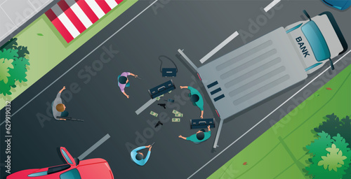 Thieves use guns to threaten security to rob a car carrying money.