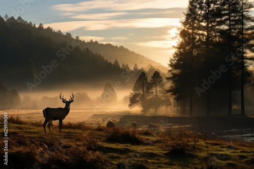 Serene Meadow with Grazing Deer at Dawn, Generative AI