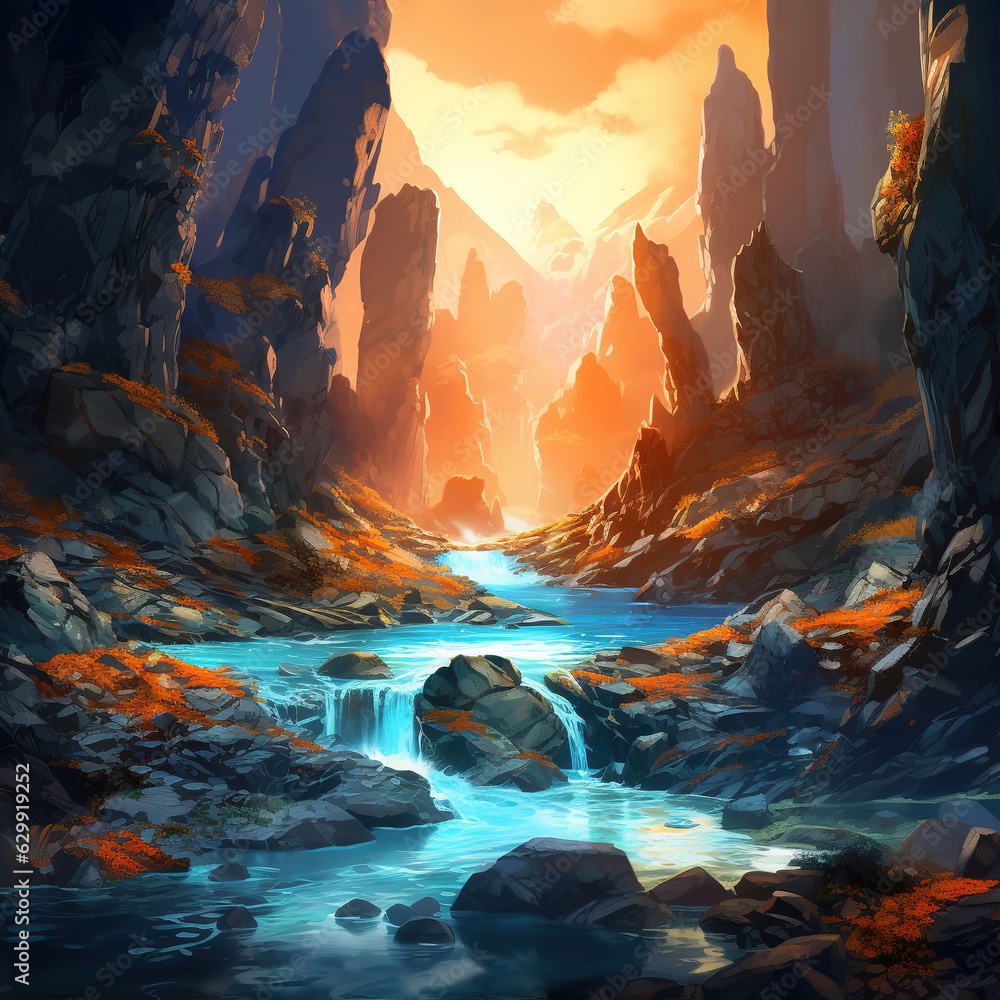 River in the middle of craggy mountains and rocks, ai art
