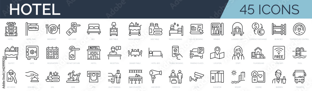 Set of 45 outline icons related to hotel, motel, hostel. Linear icon collection. Editable stroke. Vector illustration - obrazy, fototapety, plakaty 