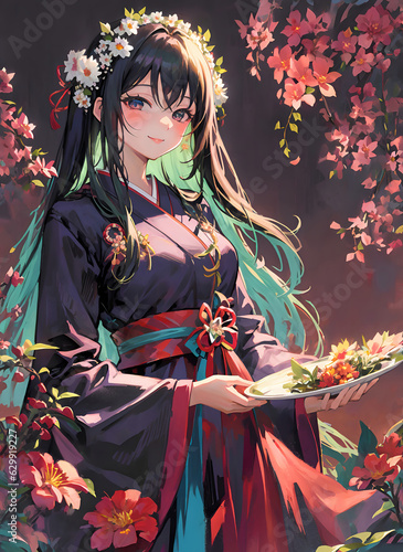 Asian girl in Chinese traditional dress with sakura blooming trees, ai art © Umar