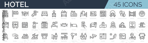 Set of 45 outline icons related to hotel, motel, hostel. Linear icon collection. Editable stroke. Vector illustration