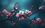 Pink cherry blossoms branch on a blurred blue background - Blossoming Japanese sakura tree with dew drops and butterflies 