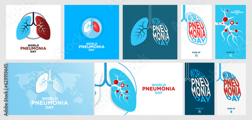 Bundle Set of World Pneumonia Day Greeting Cards, Banners, and Vertical Poster for social media stories with swipe up CTA. World Pneumonia Day Typography on lung shape. Vector Illustration. EPS 10.
