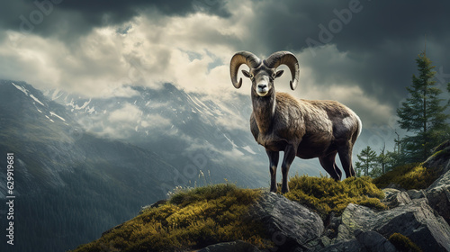 Mountain goat on a rock in a mountainous area, ai art © Umar