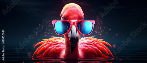 Flamingo neon light sunglasses on dark background