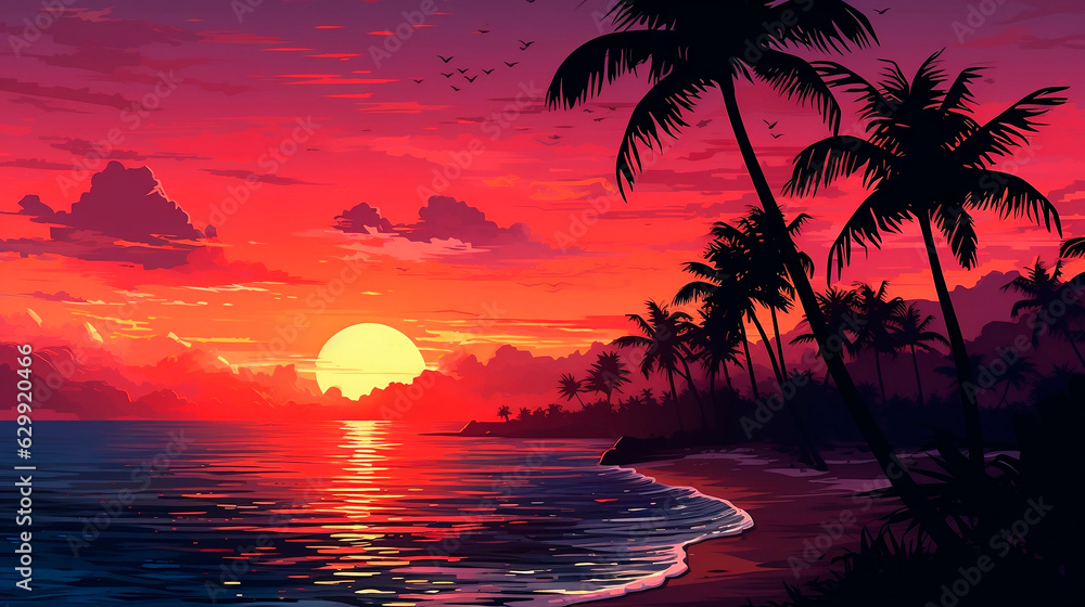 Tropical beach with palm trees at sunset, vector illustration.AI Generated