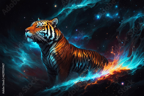 Illustration of a Tiger in Galaxy Universe with Space Nebula Background. Esoteric Horoscope and Fortune Telling Concept Design for Poster, Banner, Invitation, Greeting Card or Cover. Ai Generated.