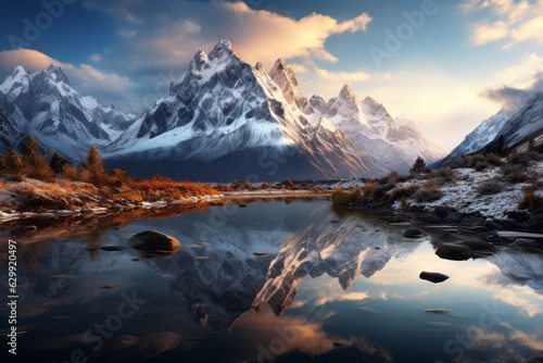 Snow-capped Peaks Reflecting in a Serene Alpine Lake, Generative AI © Giantdesign