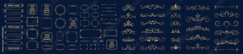 Set of gold vintage frame and corners icon. Vector illustration. - obrazy, fototapety, plakaty 