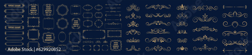 Photo Set of gold vintage frame and corners icon. Vector illustration.