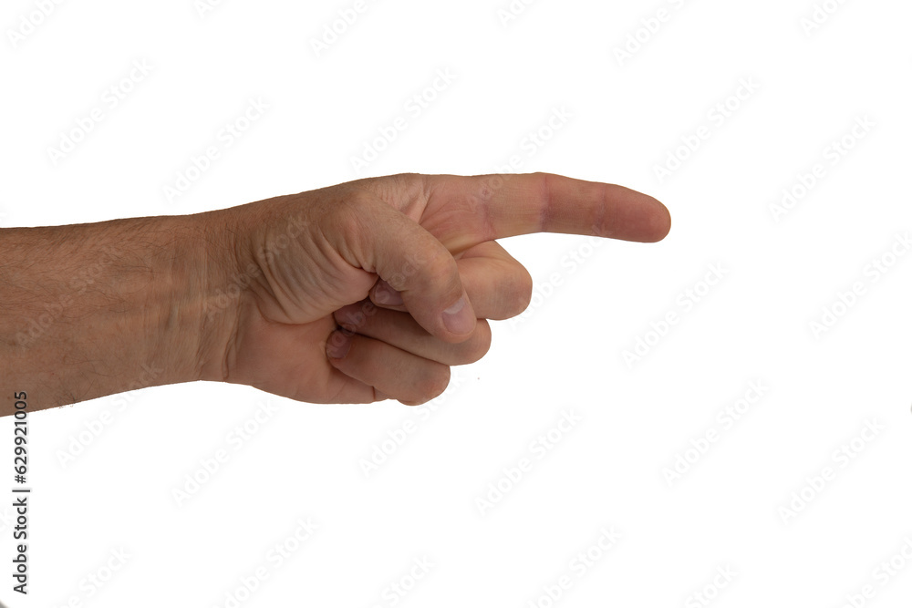 Image of a left male hand pointing a finger to the right in a photo on a white background. Image of a left male hand pointing a finger to the right in a photo on a white background.