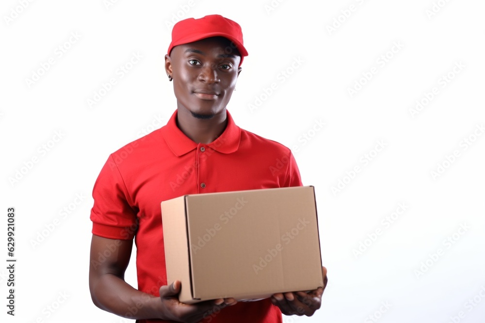 Delivery concept - Portrait of a happy African American delivery man in red uniform holding a box. Isolated on white background. copy space. generative AI Delivery concept - Portrait of a happy African American delivery man in red uniform holding a box. Isolated on white background. copy space. generative AI