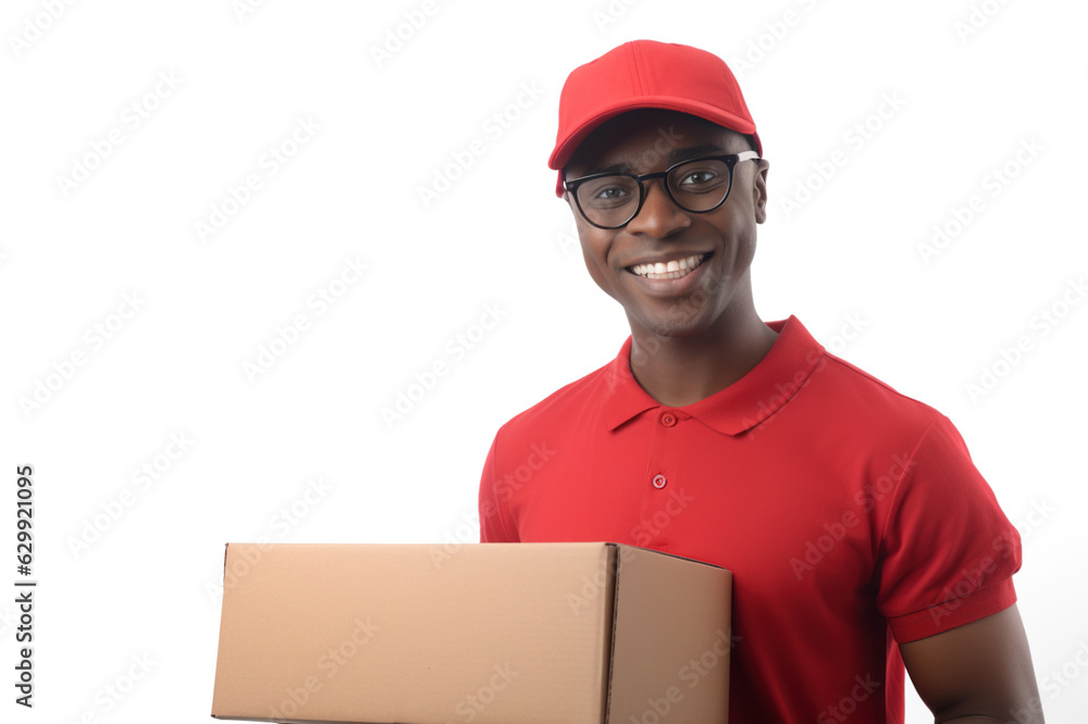 Delivery concept - Portrait of a happy African American delivery man in red uniform holding a box. Isolated on white background. copy space. generative AI Delivery concept - Portrait of a happy African American delivery man in red uniform holding a box. Isolated on white background. copy space. generative AI