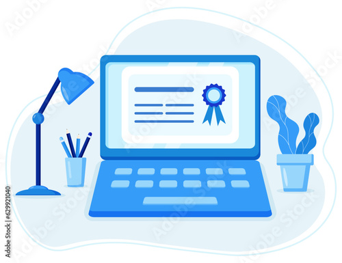 Certificate on laptop screen for e-learning course, webinar and online education, online certification concept on top of office desk, vector flat illustration