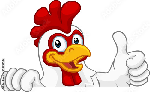 A chicken rooster cockerel bird cartoon character peeking over a sign and giving a thumbs up