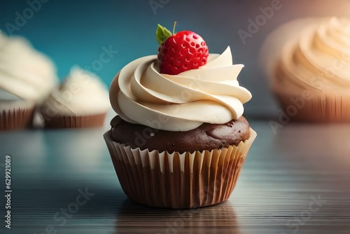 chocolate cupcake with cream and strawberry