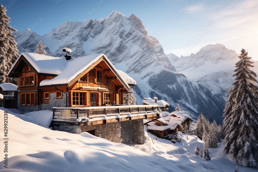 Snow-covered Alpine Chalets Nestled in a Winter Wonderland, Generative AI