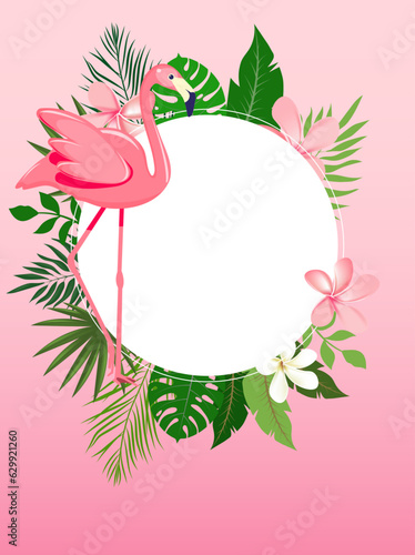 pink banner with a frame in the center and tropical leaves around. card with tropical leaves, flowers and flamingos around a round template for text
