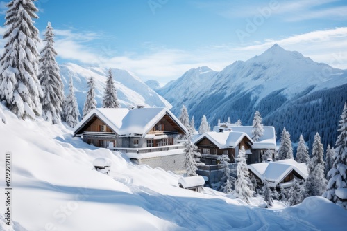 Snow-covered Alpine Chalets Nestled in a Winter Wonderland  Generative AI