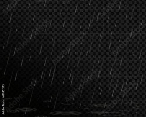 Falling raindrops isolated on black background. Realistic white cloud with rain drops, rainstorm, raincloud, rainfall or cyclone weather vector.