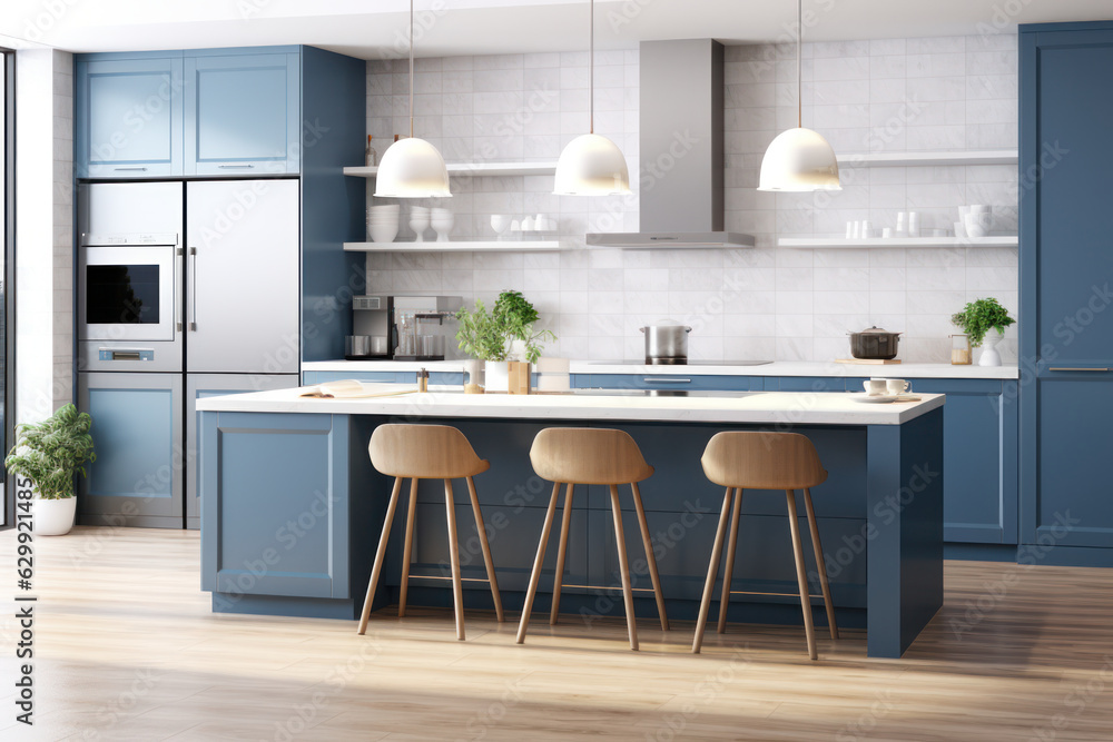 Modern kitchen interior with wooden floor, featuring blue and white cabinets.