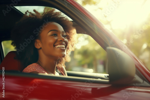 Attractive African American woman joyfully looks outside the car during a summer road trip. Happy girl driving a red car, laughing and enjoying the journey.