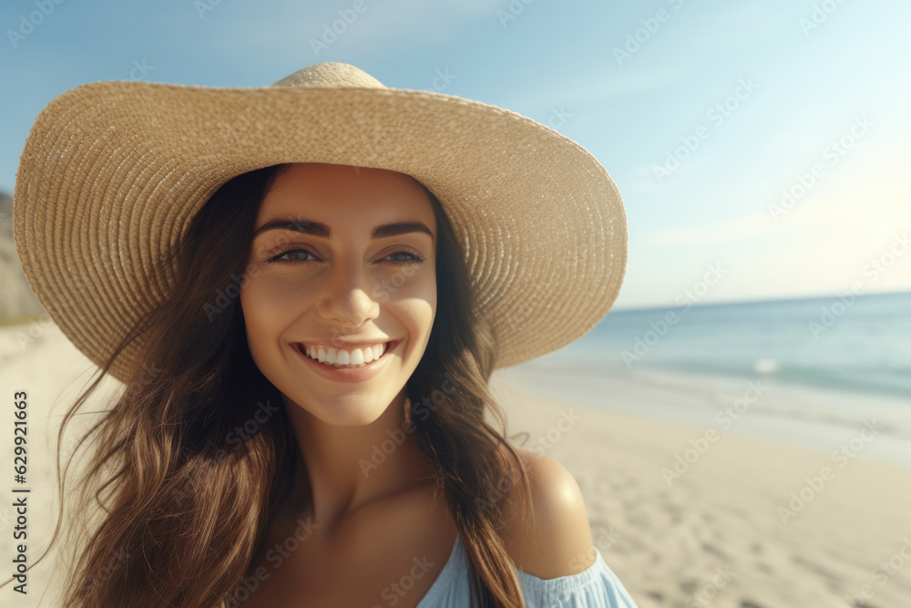 Smiling young woman in straw hat at beach with sea in the background. Beauty fashion girl looks at camera seaside. Carefree tanned woman walks on sand, laughing