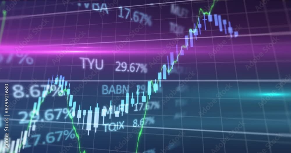 Animation of lens flares over multiple graphs and trading board against abstract background Animation of lens flares over multiple graphs and trading board against abstract background