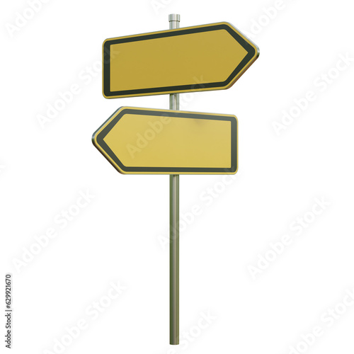 Two blank road signs pointing in the different directions 3d rendering