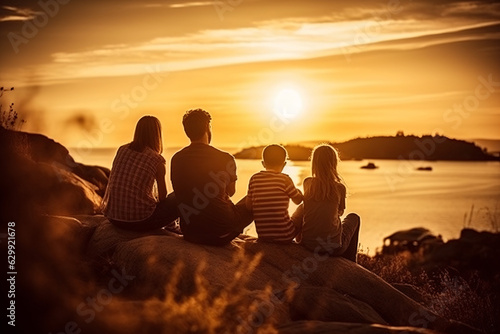 Happiness and love in a beautiful sunset landscape with family and friends  Enjoying Summer Vacation