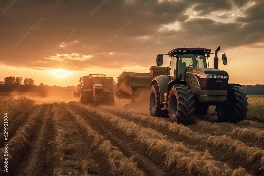 Tractors harvesting crops in a field. Generative AI.