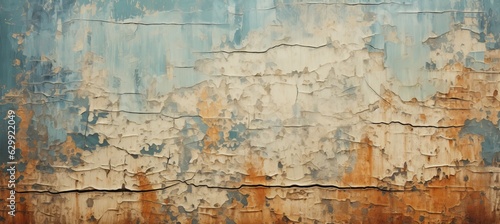 Vintage wall with peeling paint texture of white, orange and blue colors. Generative AI technology.