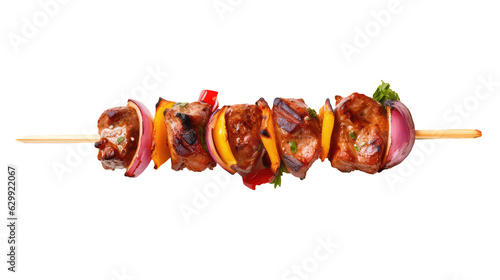 One little kebab on a wooden stick with meat and vegetables. Shish kebab on skewer isolated on white transparent png background, cutout. 