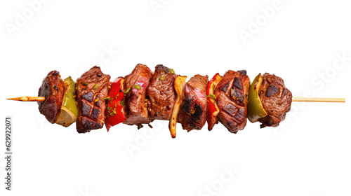 One little kebab on a wooden stick with meat and vegetables. Shish kebab on skewer isolated on white transparent png background, cutout.  photo