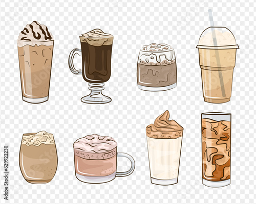 Hot and cold coffee beverage. Different types of drinks set. Flat vector illustration isolated on transparent background