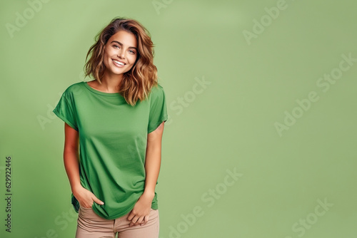 Vászonkép Model standing posing wearin green t shirt on light green background
