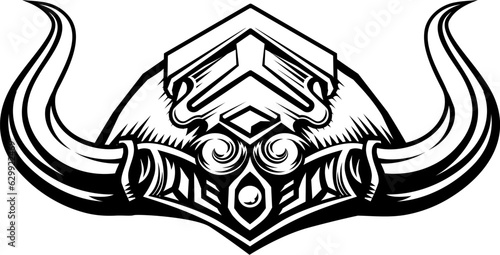 A Viking warrior helmet in a vintage retro woodcut style