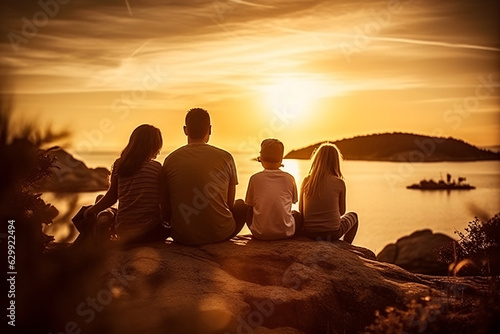 Happiness and love in a beautiful sunset landscape with family and friends, Enjoying Summer Vacation