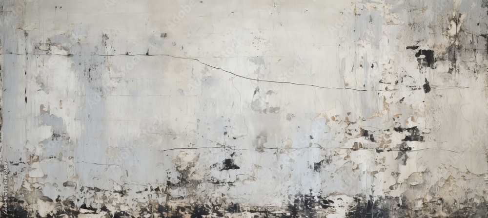 Aged old wall with peeling paint texture of white and black colors. Generative AI technology.