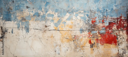 Aged wall with cracked paint texture of white, red, yellow and blue colors. Generative AI technology.
