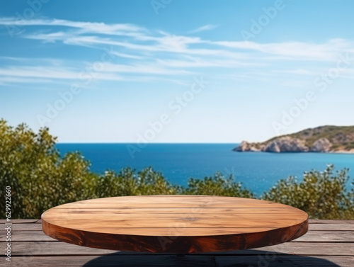 Wooden table on the background of the sea  island and the blue sky. High quality photo.