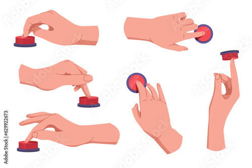 Hands pushing and pressing button set. Fingers pressing button. Turn on and off. Launch, start, control concept. Vector illustration EPS10