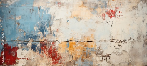 Old wall with cracked paint texture of white, red, yellow and blue colors. Generative AI technology.