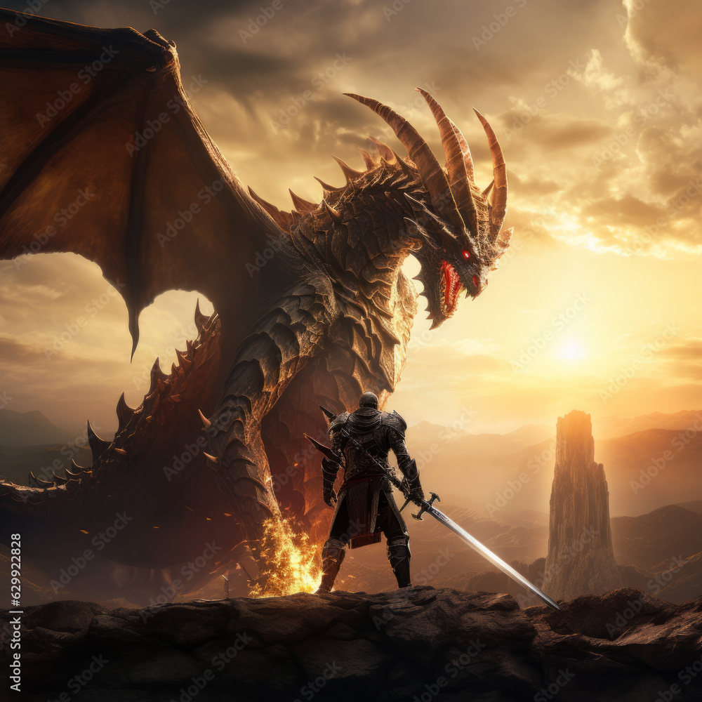 Legandary warrior fighting against a gigantic dragon